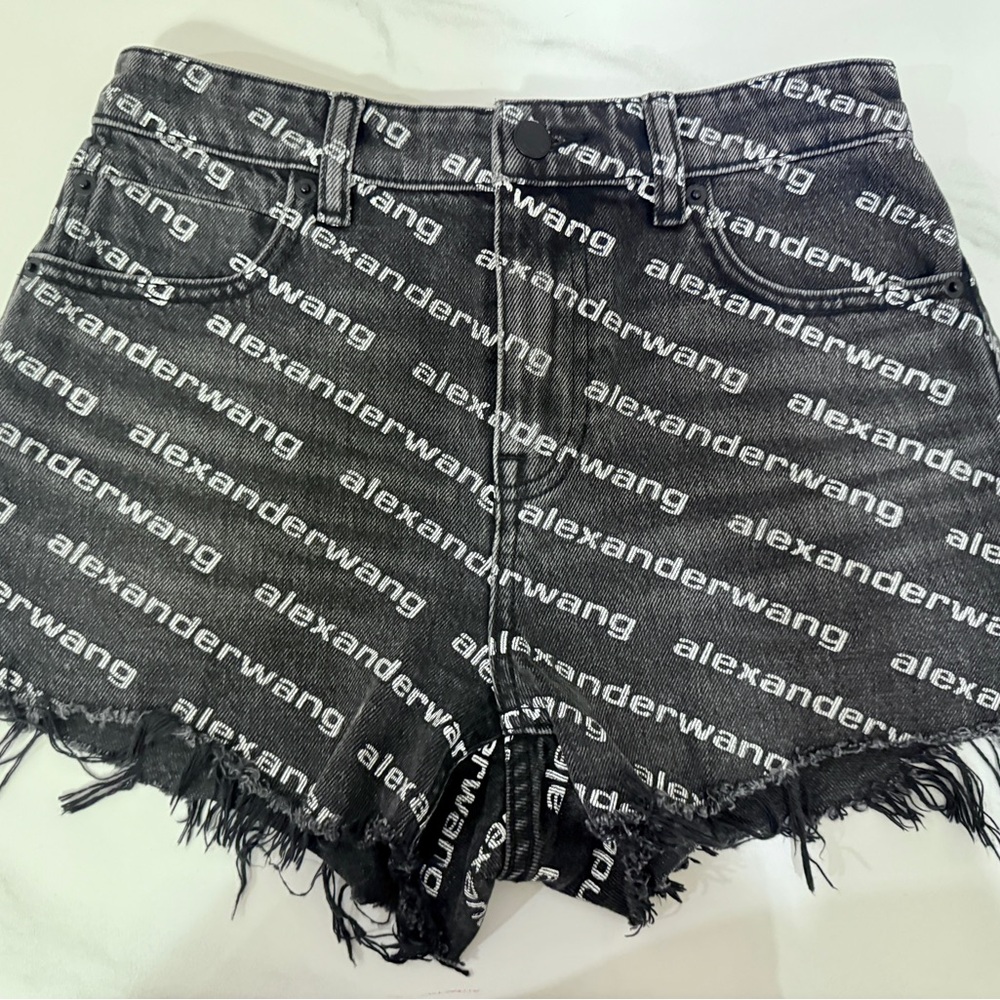 Alexander Wang Black Jean Shorts with Distressed Hem and Logo Print - Picture 2 of 5